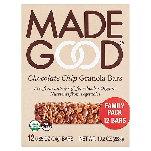 MadeGood Chocolate Chip Granola Bars Family Pack, 0.85 oz, 12 count
Allergy Friendly
Dedicated Facility Free from the Following Common Allergens:
Peanut, Tree Nuts, Wheat & Gluten, Soy, Dairy, Egg, Sesame, Fish & Shellfish

What Makes this a MadeGood® Product?
Made in a Dedicated Peanut and Tree Nut Free Facility
Certified Organic
Non GMO Project Verified
Contains Nutrients from Vegetables
Certified Gluten Free by GFCO
Contains 10 g of Whole Grains per Serving
Certified Vegan
Kosher Parve
