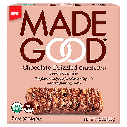 Made Good Chocolate Drizzled Cookie Crumble Granola Bars, 5 count, 4.2 oz
What makes this a MadeGood® product?
Made in a Dedicated Peanut and Tree Nut Free Facility
Certified Organic
Non GMO Project Verified
Contains Nutrients from Vegetables
Certified Gluten Free by GFCO
Made with Whole Grains
Certified Vegan
Kosher Parve

Allergy Friendly
Dedicated facility free from the following common allergens: Peanut, tree nuts, wheat & gluten, soy, dairy, egg, sesame, fish & shellfish