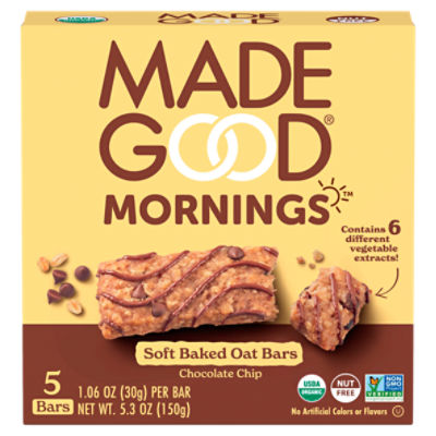 MadeGood Mornings Chocolate Chip Soft Baked Oat Bars, 1.06 oz, 5 count