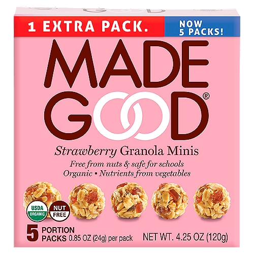 What Makes this a MadeGood® Product?
Made in a Dedicated Peanut and Tree Nut Free Facility
Certified Organic
Non GMO Project Verified
Contains Nutrients from Vegetables
Certified Gluten Free by GFCO
Contains 10 g of Whole Grains per Serving
Certified Vegan
Kosher Parve

Allergy Friendly
Dedicated Facility Free From the Following Common Allergens: Peanut, Tree Nuts, Wheat & Gluten, Soy, Dairy, Egg, Sesame, Fish & Shellfish