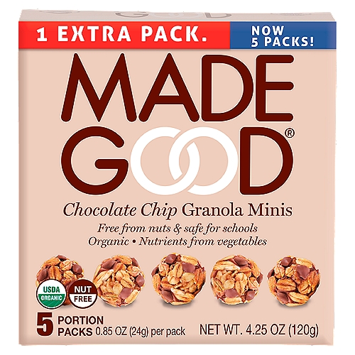 Made Good Chocolate Chip Granola Minis, 0.85 oz, 5 count
What Makes this a MadeGood® Product?
Made in a Dedicated Peanut and Tree Nut Free Facility
Certified Organic
Non GMO Project Verified
Contains Nutrients from Vegetables
Certified Gluten Free by GFCO
Contains 10 g of Whole Grains per Serving
Certified Vegan
Kosher Parve

Allergy Friendly
Dedicated Facility Free From the Following Common Allergens: Peanut, Tree Nuts, Wheat & Gluten, Soy, Dairy, Egg, Sesame, Fish & Shellfish