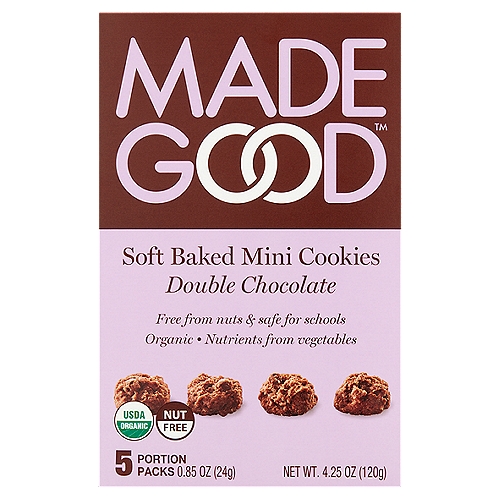 MadeGood Double Chocolate Soft Baked Mini Cookies, 0.85 oz, 5 count
What Makes this a MadeGood™ Product?
Made in a Dedicated Peanut and Tree Nut Free Facility
Contains Nutrients from Vegetables
Certified Organic
Non GMO Project Verified
Certified Gluten Free by GFCO
Made with Whole Grain
Certified Vegan
Kosher - Parve

Allergy Friendly
Dedicated Facility Free from the Following Common Allergens: Peanut, Tree Nuts, Dairy, Egg, Wheat & Gluten, Soy, Sesame and Fish & Shellfish