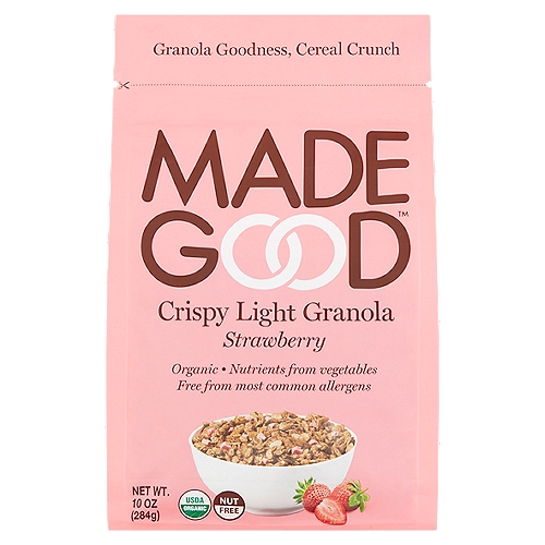 The simple goodness of granola with the light, crisp texture of cereal.
Enjoy MadeGood™ Crispy Granola with milk or yogurt at breakfast or snack time. Simple, minimally processed organic ingredients are combined with the nutrients of vegetables for a delicious, allergy friendly cereal alternative.
Cereal? Granola? You decide!

What Makes this a MadeGood™ Product?
Made in a Dedicated Peanut and Tree Nut Free Facility
Contains Nutrients from Vegetables
Certified Organic
Non GMO Project Verified
Certified Gluten Free by GFCO
Contains 38g of Whole Grains per Serving
Certified Vegan
Kosher Parve

Allergy Friendly
Dedicated Facility Free from the Following Common Allergens: 
Peanut, Tree Nuts, Wheat & Gluten, Soy, Dairy, Egg, Sesame, Fish & Shellfish