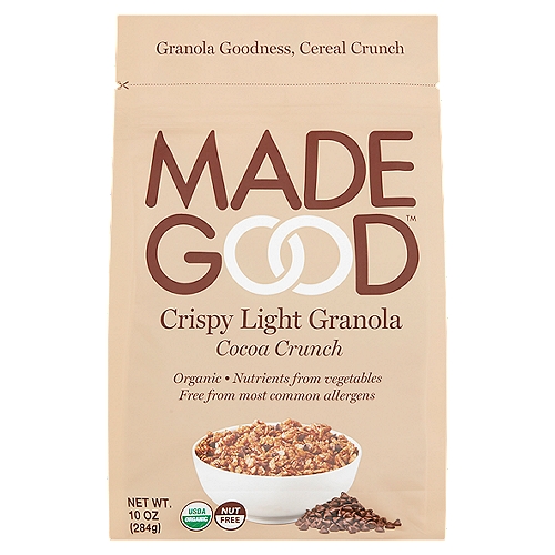 MadeGood Cocoa Crunch Crispy Light Granola, 10 oz
The simple goodness of granola with the light, crisp texture of cereal.
Enjoy MadeGood™ Crispy Granola with milk or yogurt at breakfast or snack time. Simple, minimally processed organic ingredients are combined with the nutrients of vegetables for a delicious, allergy friendly cereal alternative.
Cereal? Granola? You decide!

What Makes this a MadeGood™ Product?
Made in a Dedicated Peanut and Tree Nut Free Facility
Contains Nutrients from Vegetables
Certified Organic
Non GMO Project Verified
Certified Gluten Free by GFCO
Contains 38g of Whole Grains per Serving
Certified Vegan
Kosher Parve

Allergy Friendly
Dedicated Facility Free from the Following Common Allergens:
Peanut, Tree Nuts, Wheat & Gluten, Soy, Dairy, Egg, Sesame, Fish & Shellfish