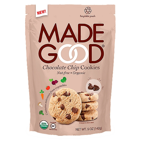 Made Good Chocolate Chip Cookies, 5 oz
What Makes this a MadeGood® Product?
Made in a Dedicated Peanut and Tree Nut Free Facility
Certified Organic
Contains Nutrients from Vegetables
Non GMO Project Verified
Certified Gluten Free by GFCO
Made with Whole Grains
Certified Vegan
Kosher Parve

Allergy Friendly
Dedicated Facility Free from the Following Common Allergens: Peanut, Tree Nuts, Wheat & Gluten, Dairy, Egg, Sesame, Soy, Fish & Shellfish