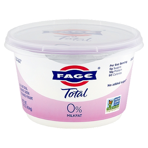 Fage Total 0% Milkfat All Natural Nonfat Greek Strained Yogurt, 16 oz
No added sugar*
*Contains naturally occurring milk sugar - Not a low calorie food

Milk produced without the use of rBST.
The FDA has said no significant difference has been shown, and no test can now distinguish, between milk derived from rBST treated and untreated cows.