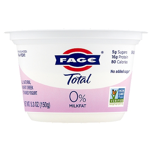 Fage Total 0% Milkfat All Natural Nonfat Greek Strained Yogurt, 5.3 oz
No added sugar*
*Contains naturally occurring milk sugar - Not a low calorie food

Milk produced without the use of rBST.
The FDA has said no significant difference has been shown, and no test can now distinguish, between milk derived from rBST treated and untreated cows.