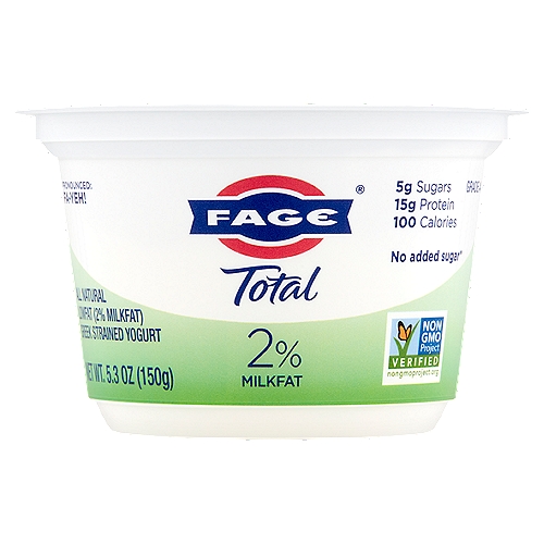 Fage Total 2% Milkfat All Natural Lowfat Greek Strained Yogurt, 5.3 oz
No added sugar*
*Contains naturally occurring milk sugar - Not a low calorie food

Milk produced without the use of rBST.
The FDA has said no significant difference has been shown, and no test can now distinguish, between milk derived from rBST treated and untreated cows.