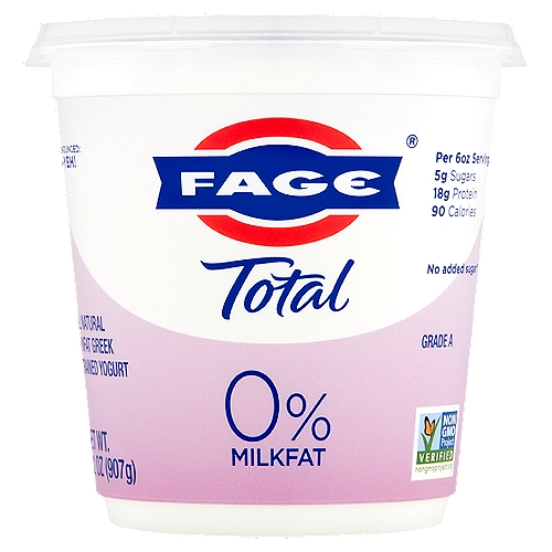 Fage Total 0% Milkfat All Natural Nonfat Greek Strained Yogurt, 32 oz
No added sugar*
*Contains naturally occurring milk sugar - Not a low calorie food

Milk produced without the use of rBST.
The FDA has said no significant difference has been shown, and no test can now distinguish, between milk milk derived from rBST treated and untreated cows.

Fage Total 0% Greek Strained Yogurt:
• All natural
• Made with only milk and yogurt cultures
• Protein-rich
• Good source of calcium
• Gluten-free
• Vegetarian friendly
• Additive and preservative free
• Milk from non-GMO fed cows