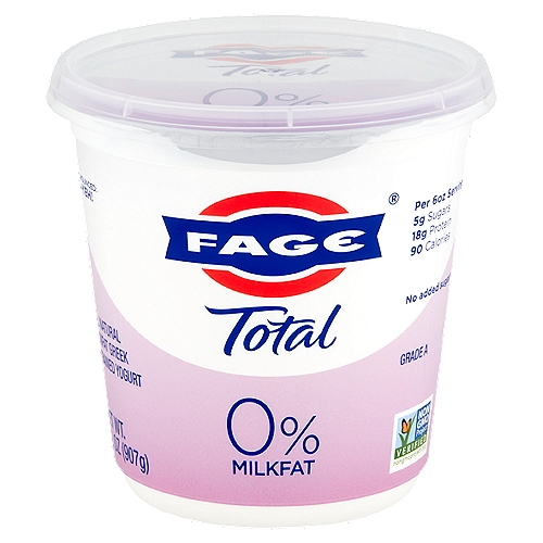 No added sugar*
*Contains naturally occurring milk sugar - Not a low calorie food

Milk produced without the use of rBST.
The FDA has said no significant difference has been shown, and no test can now distinguish, between milk milk derived from rBST treated and untreated cows.

Fage Total 0% Greek Strained Yogurt:
• All natural
• Made with only milk and yogurt cultures
• Protein-rich
• Good source of calcium
• Gluten-free
• Vegetarian friendly
• Additive and preservative free
• Milk from non-GMO fed cows