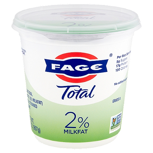 Fage Total 2% Milkfat All Natural Lowfat Greek Strained Yogurt, 32 oz
No added sugar*
*Contains naturally occurring milk sugar - Not a low calorie food

Milk produced without the use of rBST.
The FDA has said no significant difference has been shown, and no test can now distinguish, between milk derived from rBST treated and untreated cows.

Fage Total 2% Greek Strained Yogurt:
• All natural
• Made with only milk and yogurt cultures
• Protein-rich
• Good source of calcium
• Gluten-free
• Vegetarian friendly
• Additive and preservative free
• Milk from non-GMO fed cows