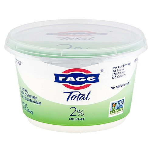 Fage Total 2% Milkfat All Natural Greek Strained Yogurt, 16 oz
Pronounced: Fa-Yeh!

Per 6oz Serving
5g sugars
17g protein
120 calories

No added sugar*
*Contains naturally occurring milk sugar - Not a low calorie food

Milk produced without the use of rBST.
The FDA has said no significant difference has been shown, and no test can now distinguish, between milk derived from rBST treated and untreated cows.