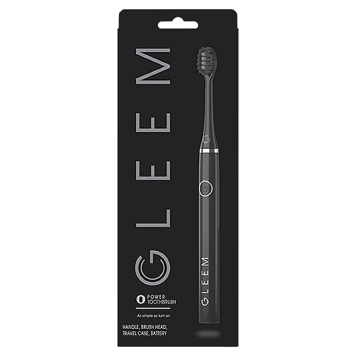 Gleem Black Power Toothbrush
Handle, brush head, travel case, battery
Gleem toothbrush is a sleek, thin battery operated toothbrush that can make your smile shimmer
Built-in timer pulses every 30 seconds to let you know when to switch areas of your mouth.
Travel case helps maintain your toothbrush's splendor.