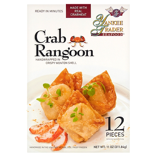 Yankee Trader Seafood Crab Rangoon, 12 count, 11 oz
These crispy wonton shells are filled with a delicious mixture a crabmeat, cream cheese and a perfect blend of seasoning…