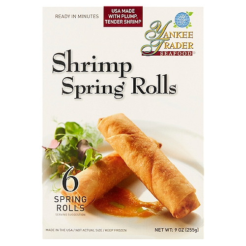 Yankee Trader Seafood Shrimp Spring Rolls, 6 count, 9 oz
Enjoy a delicious combination of flavors: plump, tender shrimp, roasted corn, vegetables, a special blend of cheese and spices all wrapped up in a crispy, golden spring roll wrapper.