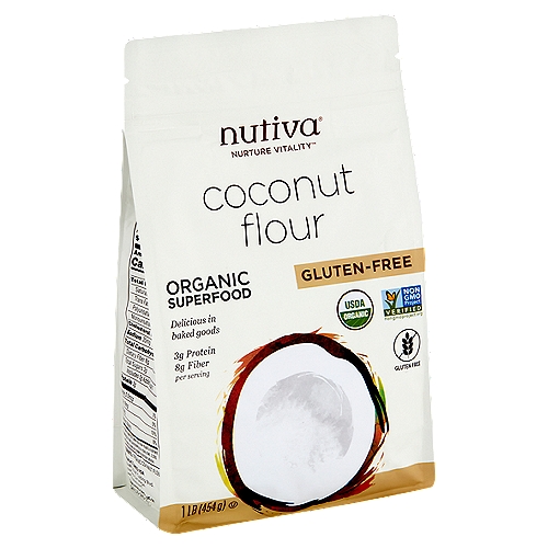 Nutiva Gluten-Free Coconut Flour, 1 lb
Nutiva® Organic Coconut Flour is an excellent non-grain alternative. Ground from high quality dried coconut meat, it's high in fiber with 29% daily value per serving. Its mild coconut flavor works beautifully in both sweet and savory recipes.