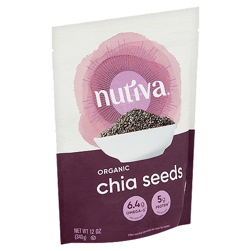 Nutiva Organic Chia Seeds, 12 oz
We love Chia
We love that these mighty organic seeds contain omega-3, plant-based protein, and fiber.†‡ The mild, nutty flavor complements dishes from sweet to savory and adds a boost to any meal.

Small see. Big nutrition.
10g Fiber†‡ per Serving
6.4g Omega†‡ per Serving
5g Protein†‡ per Serving
†Contains 10g of total fat per serving. ‡ See nutrition information for total fat content.