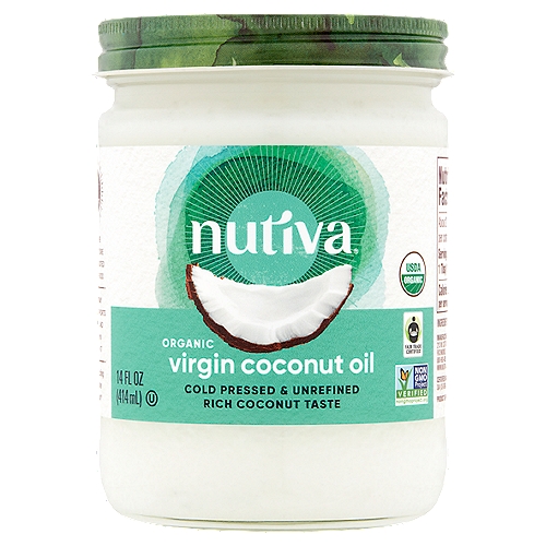 Nutiva Organic Virgin Coconut Oil, 14 fl oz
Simply Pure
Grown and cold-pressed in the Philippines from fresh coconuts, Nutiva Virgin Coconut Oil adds a rich coconut flavor to any dish. Versatile for both cooking and body care, and always processed without hexane or the addition of filler-oils, this is the ultimate household staple.