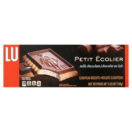 LU Petit Écolier Milk Chocolate European Biscuits, 2 count, 5.29 oz
Our "signature" design invites admiring glances: glossy, rich, European chocolate, paired with an oh-so-French buttery biscuit. Taste the dreamy milk chocolate: melting sweet. A luxurious biscuit-and-chocolate experience like no other.
