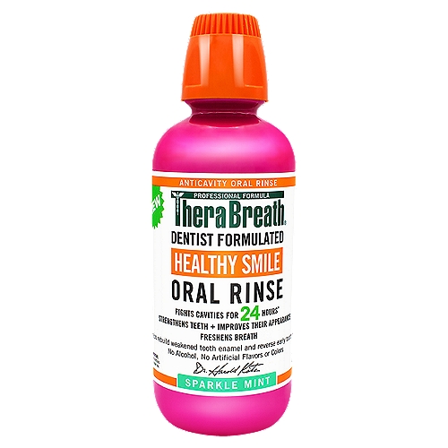 TheraBreath Healthy Smile Sparkle Mint Oral Rinse, 16 fl oz
Fights Cavities for 24 Hours*
*For 24 Hr cavity protection, rinse daily after brushing and flossing.

Drug Facts
Active Ingredients - Purpose
Sodium fluoride 0.05% (0.02% w/v fluoride ion) - Anticavity

Use
Aids in the prevention of dental cavities