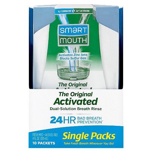 SmartMouth The Original Activated Dual-Solution Breath Rinse Single Packs, 4 fl oz, 10 count
H2S eliminator∞ & Zn+2 activator
∞Eliminates H2S and all other volatile sulfur compounds (VSCs) in the mouth.

24hr bad breath prevention*
*For 24hr bad breath prevention, rinse 2x daily after brushing & flossing.

Why 2 Separate Solutions?
The power of SmartMouth™ is in the Activation. Pour the two solutions together to activate the Smart-Zinc™, which eliminates and prevents bad breath for at least 12 hours with each rinse.