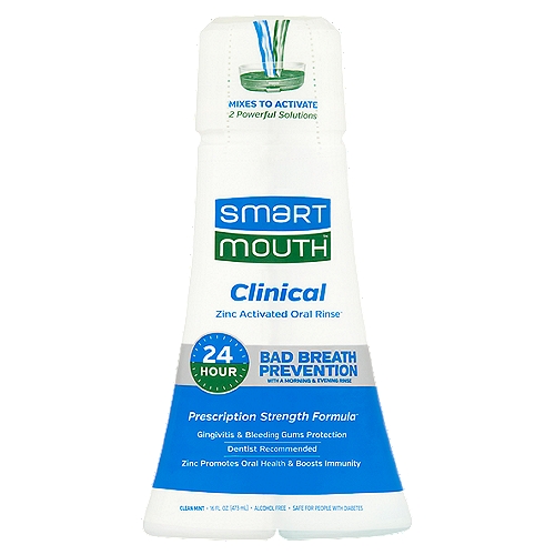 SmartMouth Clean Mint Zinc Activated Oral Rinse, 16 fl oz
Prescription strength formula*
*Prescription strength gingivitis & bleeding gums protection without a prescription

Why 2 Separate Solutions?
The power of SmartMouth™ is in the Activation. Pour the two solution together to activate the Smart-Zinc™, which eliminates and prevents bad breath for at least 12 hours with each rinse.

Drug Facts
Active ingredient - Purpose
Cetylpyridinium chloride 0.05% (when mixed as directed) - Anti-gingivitis/anti-plaque

Uses:
Helps prevent and reduce plaque and gingivitis. Helps control plaque bacteria that contribute to the development of gingivitis and bleeding gums.