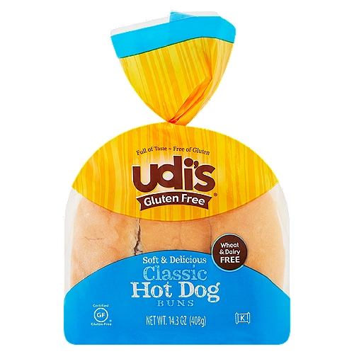 Udi's Gluten Free Classic Hot Dog Buns, 14.3 oz
Eat well, smile often.
Our mission is to show you a new way to approach gluten-free living. Don't waste another bite on bland, crumbly and tasteless food. Udi's makes delicious products that will fill your stomach and warm your soul.