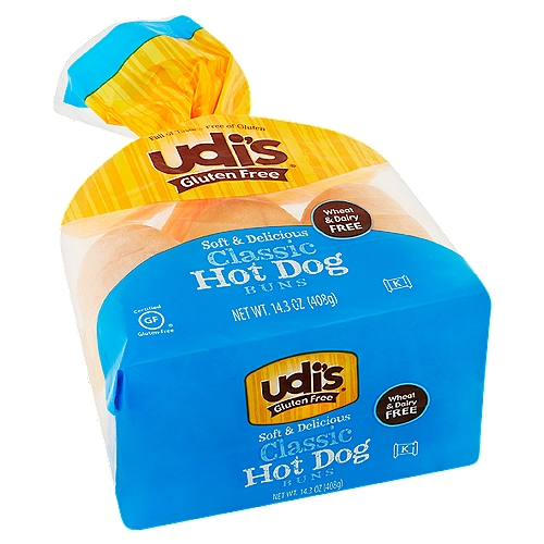 Udi's Gluten Free Classic Hot Dog Buns, 14.3 oz
Eat well, smile often.
Our mission is to show you a new way to approach gluten-free living. Don't waste another bite on bland, crumbly and tasteless food. Udi's makes delicious products that will fill your stomach and warm your soul.