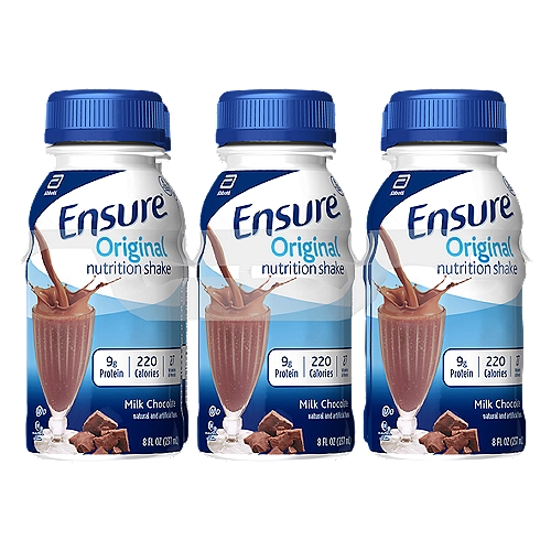 Ensure Original Nutrition Shake Liquid Milk Chocolate, 8 fl oz
Ensure Original nutrition shakes with 9g of high-quality protein provide easy and delicious complete, balanced nutrition. Our shakes contain protein, vitamins A and D, zinc, and antioxidants (vitamins C & E) to support immune health. This nutritional drink is suitable for lactose intolerance* and gluten-free. Enjoy Ensure as a small meal replacement, with a meal, or as a delicious snack to help maintain proper nutrition. From the #1 doctor-recommended‡ nutritional drink brand. 

* Not for people with galactosemia. 
† Contains 68 mg (25% more of the DV) vs 45 mg of vitamin C and 8 mcg (15% more of the DV) vs 5 mcg of vitamin D per serving in previous formulation. 
‡ Among doctors who recommend liquid nutritional products to their patients.
