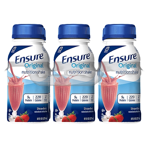 Ensure Original Nutrition Shake Liquid Strawberry
Ensure Original nutrition shakes with 9g of high-quality protein provide easy and delicious complete, balanced nutrition. Our shakes contain protein, vitamins A and D, zinc, and antioxidants (vitamins C & E) to support immune health. This nutritional drink is suitable for lactose intolerance* and gluten-free. Enjoy Ensure as a small meal replacement, with a meal, or as a delicious snack to help maintain proper nutrition. From the #1 doctor-recommended‡ nutritional drink brand. 

* Not for people with galactosemia. 
† Contains 68 mg (25% more of the DV) vs 45 mg of vitamin C and 8 mcg (15% more of the DV) vs 5 mcg of vitamin D per serving in previous formulation. 
‡ Among doctors who recommend liquid nutritional products to their patients.