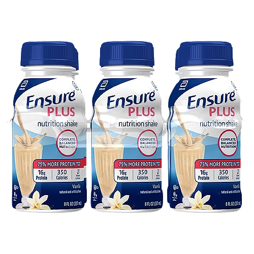 Ensure Plus nutrition shakes are clinically proven to help gain weight. Each shake contains 16 grams of high-quality protein, 350 calories, 27 vitamins and minerals, and nutrients to support immune-system health, including vitamins A and D, zinc, and antioxidants.* Ensure Plus protein shakes provide complete, balanced nutrition and are a great meal replacement option! nn* Vitamins C and E. n† Ensure Plus = 16 g protein per 8 fl oz vs Ensure Original = 9 g protein per 8 fl oz.