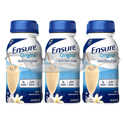 Ensure Original Nutrition Shake Liquid Vanilla, 8 fl oz
Ensure Original nutrition shakes with 9g of high-quality protein provide easy and delicious complete, balanced nutrition. Our shakes contain protein, vitamins A and D, zinc, and antioxidants (vitamins C & E) to support immune health. This nutritional drink is suitable for lactose intolerance* and gluten-free. Enjoy Ensure as a small meal replacement, with a meal, or as a delicious snack to help maintain proper nutrition. From the #1 doctor-recommended‡ nutritional drink brand. 

* Not for people with galactosemia. 
† Contains 68 mg (25% more of the DV) vs 45 mg of vitamin C and 8 mcg (15% more of the DV) vs 5 mcg of vitamin D per serving in previous formulation. 
‡ Among doctors who recommend liquid nutritional products to their patients.