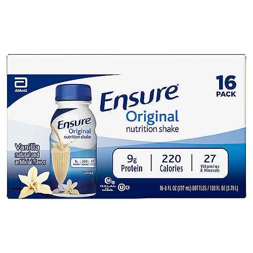 Ensure Original Nutrition Shake Liquid Vanilla
Ensure Original nutrition shakes with 9g of high-quality protein provide easy and delicious complete, balanced nutrition. Our shakes contain protein, vitamins A and D, zinc, and antioxidants (vitamins C & E) to support immune health. This nutritional drink is suitable for lactose intolerance* and gluten-free. Enjoy Ensure as a small meal replacement, with a meal, or as a delicious snack to help maintain proper nutrition. From the #1 doctor-recommended‡ nutritional drink brand. 

* Not for people with galactosemia. 
† Contains 68 mg (25% more of the DV) vs 45 mg of vitamin C and 8 mcg (15% more of the DV) vs 5 mcg of vitamin D per serving in previous formulation. 
‡ Among doctors who recommend liquid nutritional products to their patients.