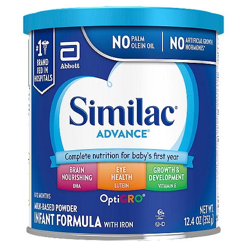 Similac Advance OptiGro Milk-Based Powder Infant Formula with Iron, 0-12 Months, 12.4 oz
No Artificial Growth Hormones*
*No significant difference has been shown between milk derived from rbST-treated and non-rbST-treated cows

Similac® Advance® may soften stools to be more like those of the breast-fed infant.