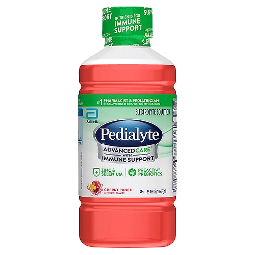 Pedialyte AdvancedCare Cherry Punch Electrolyte Solution, 33.8 fl oz
Pedialyte AdvancedCare Electrolyte Solution is an advanced hydration rehydration drink specially formulated with the optimal balance of sugar and electrolytes to help prevent dehydration in both kids and adults. It also contains PreActiv Prebiotics to help promote digestive health by restoring the balance between good and bad bacteria. From the #1 pediatrician* and pharmacist-recommended brand* for hydration, Pedialyte AdvancedCare is an electrolyte drink that promotes fluid absorption more effectively than sports drinks, juice, or even water. Feel better fast with Pedialyte!

*Among pediatricians and pharmacists surveyed, respectively (2017). Data on file with manufacturer