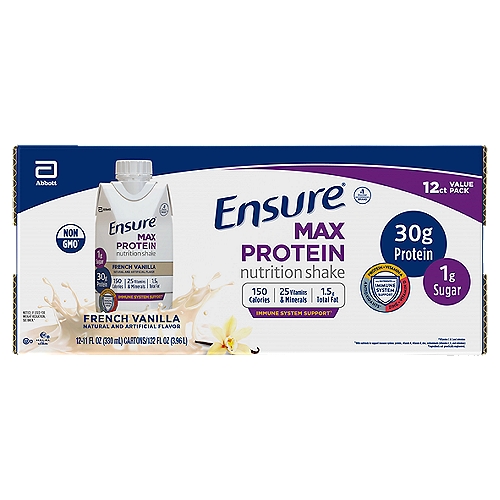 Abbott Ensure Max Protein French Vanilla Nutrition Shake Value Pack, 11 fl oz, 12 count
Ensure Max Protein nutrition shakes provide targeted nutrition to help you stay healthy, active, and energetic. Each delicious ready-to-drink shake has 30g of high-quality protein to help keep muscles strong and satisfy hunger. Ensure Max Protein also has 150 nutritious calories, plus 25 essential vitamins and minerals, including vitamins A and D, zinc, and antioxidants (vitamins C and E) to support immune health. From Ensure, the #1 doctor-recommended brand.† This product is gluten-free and suitable for lactose intolerance.‡ * 8 fl oz (1 cup) of coffee = 100 mg caffeine. † Among doctors who recommend liquid nutritional products to their patients. ‡ Not for people with galactosemia. § In select stores. The SNAP (Supplemental Nutrition Assistance Program) name is a service mark of the US Department of Agriculture. USDA does not endorse any goods, services, or enterprises.