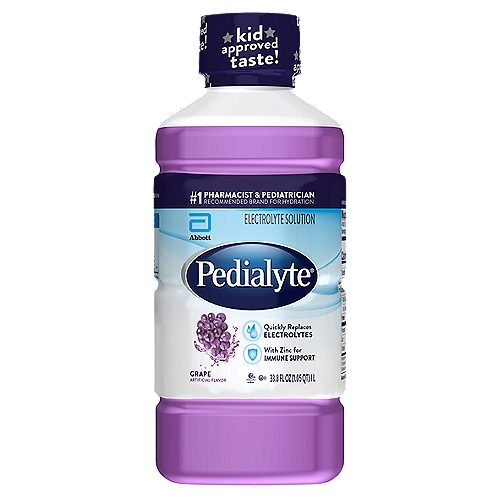 Pedialyte Grape Electrolyte Solution, 33.8 fl oz
Pedialyte Electrolyte Solution is an advanced hydration rehydration drink specially formulated with the optimal balance of sugar and electrolytes to help prevent dehydration in both kids and adults. From the #1 pediatrician* and pharmacist-recommended brand* for hydration, Pedialyte electrolyte drink is medical-grade hydration that quickly replenishes lost fluids and electrolytes. Pedialyte promotes fluid absorption more effectively than sports drinks, juice, or even water. Feel better fast with Pedialyte!

*Among pediatricians and pharmacists surveyed, respectively (2017). Data on file with manufacturer