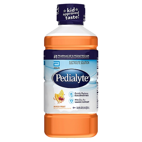 Pedialyte Mixed Fruit Electrolyte Solution, 33.8 fl oz
Pedialyte Electrolyte Solution is an advanced hydration rehydration drink specially formulated with the optimal balance of sugar and electrolytes to help prevent dehydration in both kids and adults. From the #1 pediatrician* and pharmacist-recommended brand* for hydration, Pedialyte electrolyte drink is medical-grade hydration that quickly replenishes lost fluids and electrolytes. Pedialyte promotes fluid absorption more effectively than sports drinks, juice, or even water. Feel better fast with Pedialyte! *Among pediatricians and pharmacists surveyed, respectively (2017). Data on file with manufacturer