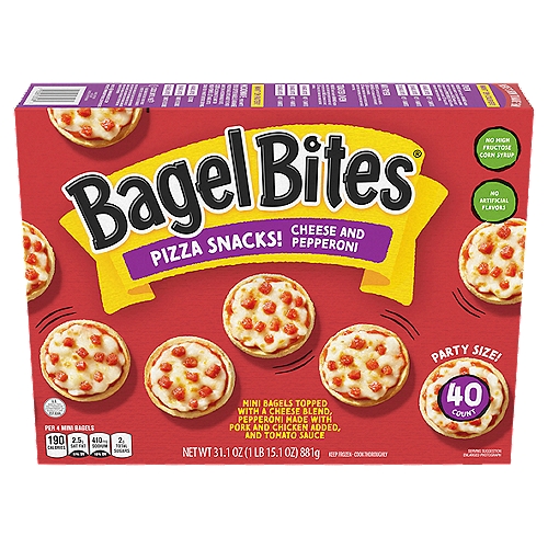 Bagel Bites Cheese & Pepperoni Mini Pizza Bagel Frozen Snacks, 40 ct Box
Bagel Bites Cheese & Pepperoni Pizza Snacks offer a quick and easy snack that kids love and parents can easily serve. Our mini pizza bagels are topped with cheese, pepperoni made with pork and chicken added, and sauce for a mouthwatering flavor that excites taste buds. Whenever you serve our mini pizza bagels, they're always a hit. Try our frozen appetizers at a party or as an after school snack. Each serving of Bagel Bites has 7 grams of protein per serving and contains 0g trans fat per serving, and contains no artificial flavors or high fructose corn syrup. Bake them in the oven or toaster oven for a crispy finish, or microwave them for a quick snack. Each 40-count box of Bagel Bites Cheese & Pepperoni Pizza Snacks includes a convenient microwavable crisping tray for easy prep. Keep these mini pepperoni pizza bagels frozen until ready to eat.

• One 40 ct. box of Bagel Bites Cheese & Pepperoni Pizza Snacks
• Bagel Bites Cheese & Pepperoni Mini Bagels are an easy and fun frozen pizza snack
• Each delicious frozen snack is made with cheese, pepperoni made with pork and chicken added, and tomato sauce
• Our pizza bagels contain no artificial flavors or high fructose corn syrup
• Every serving of our frozen snacks has 7 g. of protein per serving
• Keep our mini pepperoni pizzas frozen until ready to eat
• SNAP & EBT eligible food item