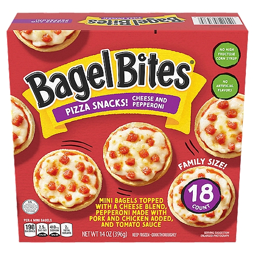 Ore Ida Bagel Bites Cheese & Pepperoni Pizza Snacks! Family Size!, 18 count, 14 oz
Mini Bagels Topped with Cheese, Pepperoni made with Pork and Chicken added, and Tomato Sauce