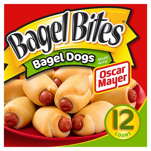 Bagel Bites Bagel Dogs with Oscar Mayer Frozen Snacks, 12 ct Box
Bagel Bites Bagel Dogs Made with Oscar Mayer offer a quick and easy snack that everybody loves. The delicious mini Oscar Mayer hot dogs are wrapped in bagel dough for a crispy classic taste that excites taste buds. Snack time is always a hit when you serve these wrapped hot dogs at a party or as an after school snack. Made with 100% all beef hot dogs, these snacks contain no trans fat per serving, artificial flavors or high fructose corn syrup. Bake these bite-sized snacks in the oven or toaster oven, or microwave them for a quick treat. Each 12 count box of Bagel Bites Bagel Dogs includes a convenient microwaveable tray for easy prep. Keep frozen until ready to enjoy.

• One 12 count box of Bagel Bites Bagel Dogs Made with Oscar Mayer
• Bagel Bites Bagel Dogs are made with Oscar Mayer hot dogs and wrapped in bagel dough
• Bagel snack contains no high fructose corn syrup
• Mini hot dogs contain no artificial flavors
• Made with 100% all beef hot dogs
• Comes with convenient tray for easy microwaving
• Keep frozen until ready to enjoy