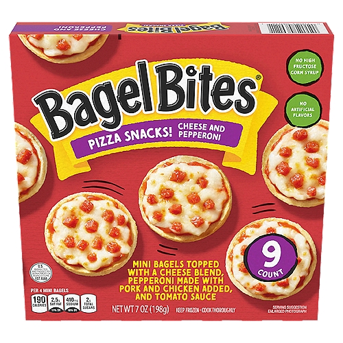 Ore Ida Bagel Bites Cheese & Pepperoni Pizza Snacks!, 9 count, 7 oz
Mini Bagels Topped with Cheese, Pepperoni Made with Pork and Chicken Added, and Tomato Sauce