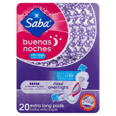 Saba Buenas Noches Extra Heavy Flow Maxi Overnight Extra Long Pads with Wings, 20 count