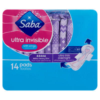 Saba Ultra Invisible Extra Heavy Flow Ultra Thin Overnight Pads with Wings, 14 count