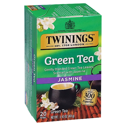 Twinings of London Jasmine Green Tea Bags, 20 count, 1.41 oz
Discover the unique floral taste of one of the world's most popular teas.

Master Blender's Notes
Notes: Fragrant, floral, sweet
Colour: Golden, honey-orange
Steep Time: 2 minutes (recommended)

Green tea is the world's most consumed type of tea. Unlike other tea types, freshly picked leaves are quickly heated after harvesting to prevent the tea from oxidizing. Two methods are used to heat the leaves - pan fired for an earthy, more roasted taste, or steamed at high temperatures for a lighter, more delicate taste. This process stops the enzymatic activity in the leaf which allows them to retain their distinctive taste, flavour, aroma, and appearance. Green tea is mostly produced in China, where 80% of the world's Green tea is sourced.

This blend infuses tea from China with real jasmine flowers. The tea is harvested, then pan-fired prior to exposure to the blossoms of jasmine flowers to infuse the scent of the jasmine into the tea. The jasmine petals are sifted out and the tea is gently heated again, producing a fragrant tea with a unique floral aroma and slightly-sweet taste.

Nick Revett - Master Blender