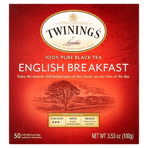 Twinings of London English Breakfast 100% Pure Black Tea Bags, 50 count, 3.53 oz
Enjoy the smooth, full-bodied taste of this classic tea any time of the day.

Tea Profile
Strength: 3
Notes: Smooth, flavourful, robust
Origins: Malawi, Kenya and Assam

Master Blender's Notes
Notes: Smooth, flavourful, robust
Colour: Bright, coppery-red
Strength: 3
Steep time: 4 minutes (Recommended)

English Breakfast is one of our most popular tea. To create this well-balanced blend, we select some of the finest teas each with its own unique characteristics.
Tea from Kenya and Malawi, provides the briskness and coppery red colour while Assam gives full body and flavour. The robustness from these regions is complemented by softer teas from other regions.
This combination yields a complex, full-bodied, lively cup of tea that is perfect any time of day.
Jeremy Sturges-Master Blender