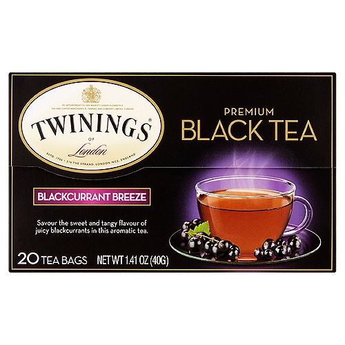 Twinings of London Blackcurrant Breeze Premium Black Tea Bags, 20 count, 1.41 oz
Savour the sweet and tangy flavour of juicy blackcurrants in this aromatic tea.

Master Blender's Notes
Notes: Fresh, juicy, aromatic
Colour: Bright, brownish-red
Steep time: 4 minutes (recommended)

Black tea is the world's most common variety of tea which includes traditional favourites such as English Breakfast and Earl Grey as well as exotic tastes such as Oolong and Lapsang Souchong. Tea leaves are sourced around the world from sub-tropical climates in China and Central Africa to mountainous regions throughout India. Each locale delivers leaves with unique tasting notes and aroma to form a perfectly balanced black tea.
This premium tea is created by expertly blending fine black tea with the juicy flavour of blackcurrants to deliver a distinctive tea with a strong fruity aroma and a sweet and tangy taste.
Mike Wright-Master Blender
