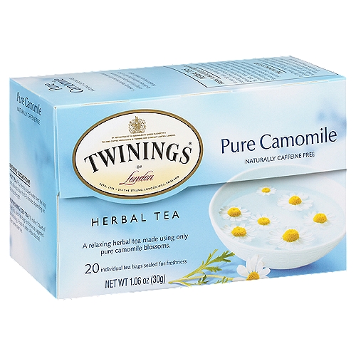 Twinings of London Pure Camomile Herbal Tea Bags, 20 count, 1.06 oznA relaxing herbal tea expertly blended using only pure camomile blossoms to deliver a soothing tea with a soft, floral aroma and smooth taste.