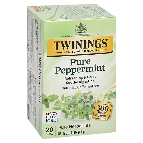 Twinings of London Pure Peppermint Herbal Tea Bags, 20 count, 1.41 oznA refreshing herbal tea expertly blended using only pure peppermint to deliver an invigorating tea with an uplifting aroma and fresh, mint taste.
