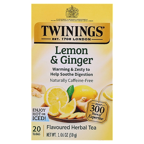 Twinings of London Lemon & Ginger Herbal Tea Bags, 20 count, 1.06 oznA comforting herbal tea expertly blended with ginger and the tangy flavour of lemon to deliver a soothing tea with a warm, inviting aroma and spiced lemon taste.